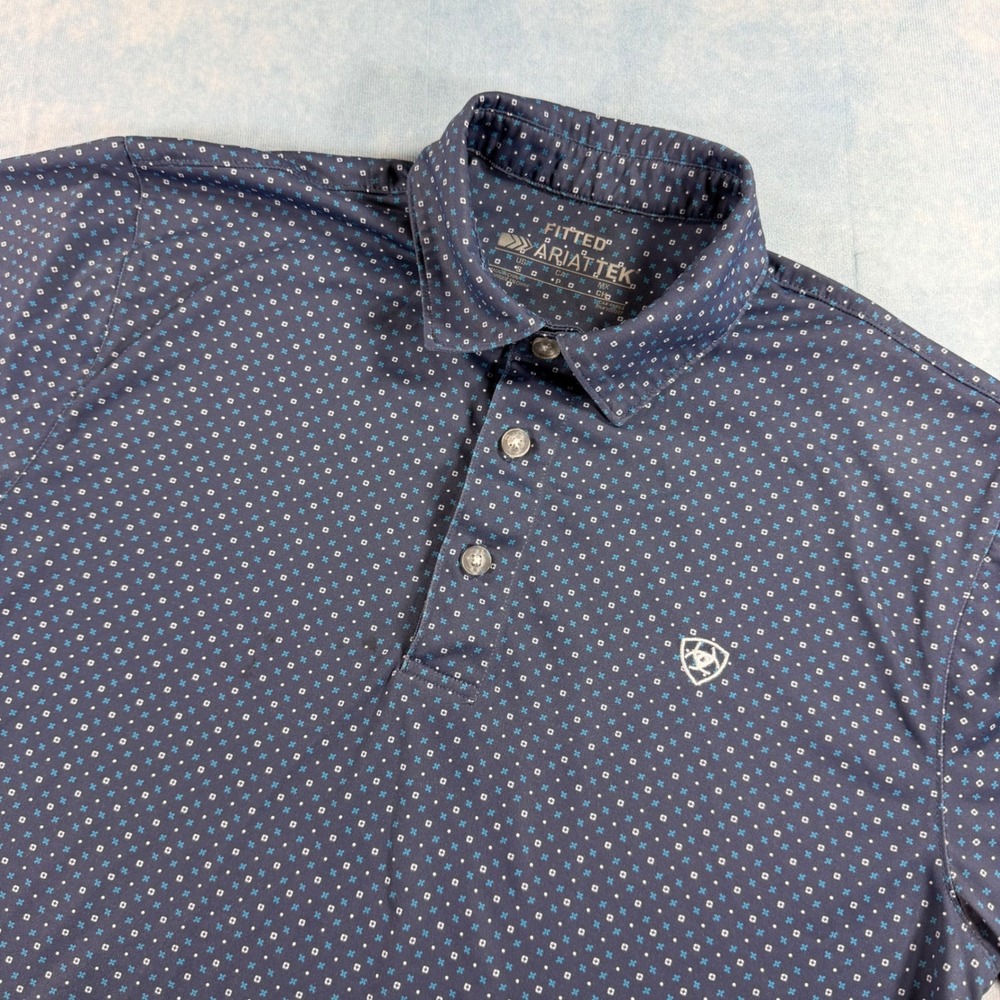 Ariat Polo Shirt Mens Small Navy Blue Excellent AriatTek Fitted Geometric Print